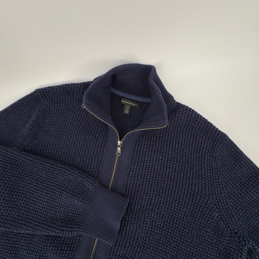 Banana Republic Mens Med Tall Full Zip Waffle Knit Cardigan Sweater Preppy Navy